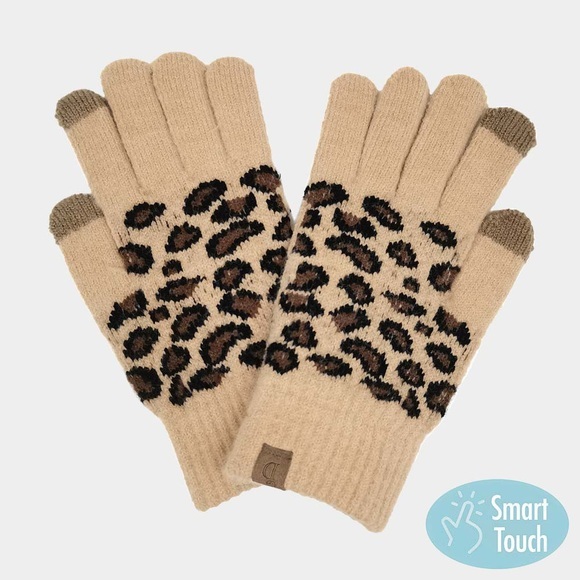 Camel brown leopard print smart gloves - Picture 1 of 5